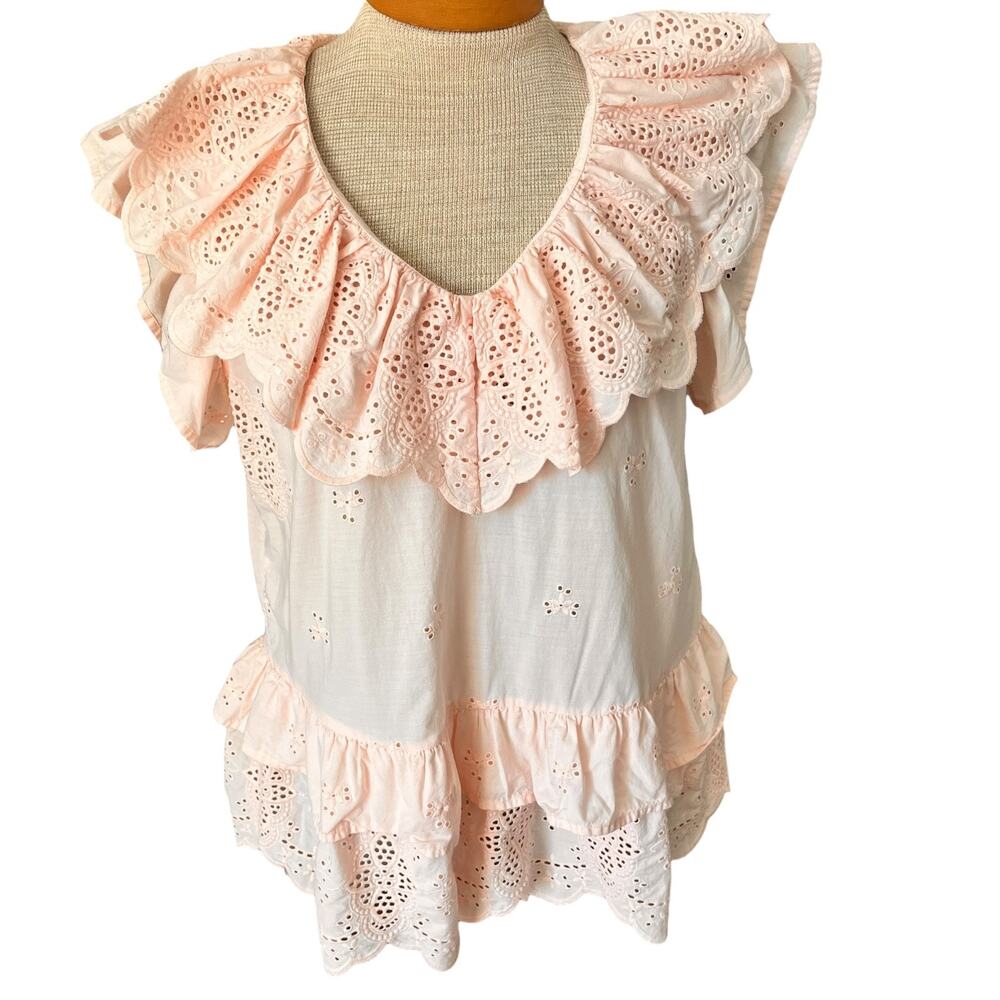 7 For All Mankind Size M Womens Blouse Ruffled Eyelet Short Sleeve Pink